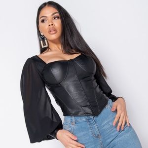Black Faux Leather Corset Top Sheer Puff Long Sleeve